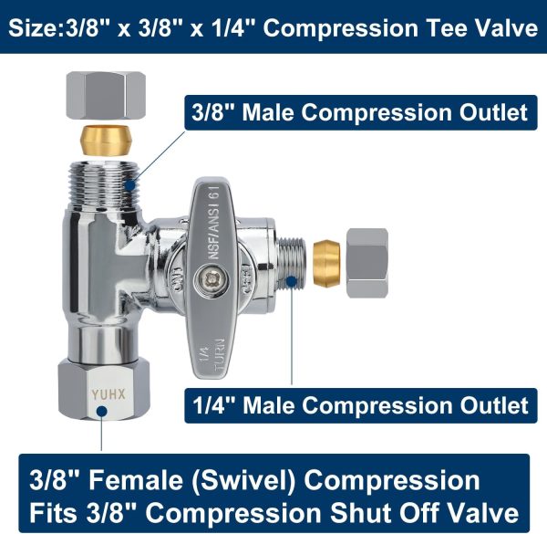 YUHX 3/8 Compression Tee Valve Brass Chrome Stainless Steel-1