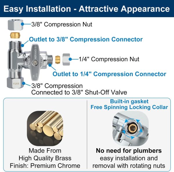 YUHX 3/8 Compression Tee Valve Brass Chrome Stainless Steel-6