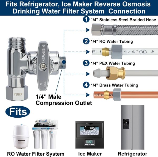 YUHX 3/8 Compression Tee Valve Brass Chrome Stainless Steel-3