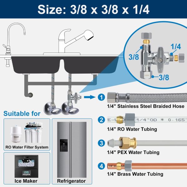 YUHX 3/8 Compression Tee Valve Brass Chrome Stainless Steel-5