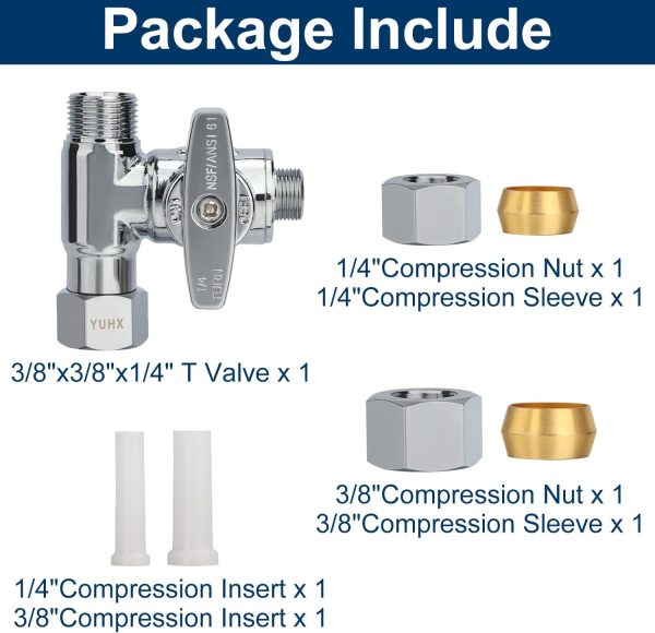 YUHX 3/8 Compression Tee Valve Brass Chrome Stainless Steel-7