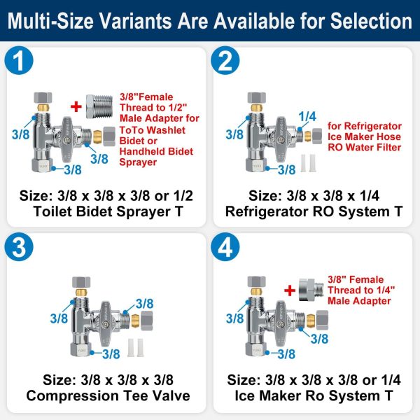 YUHX 3/8 Compression Tee Valve Brass Chrome Stainless Steel-8