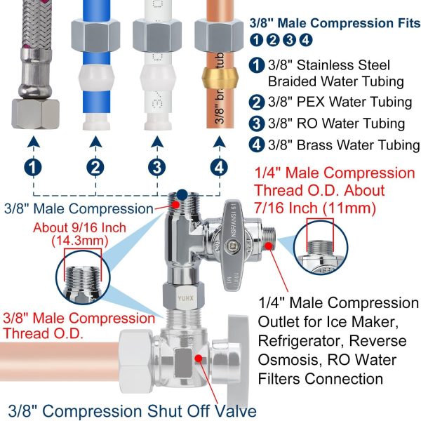 YUHX 3/8 Compression Tee Valve Brass Chrome Stainless Steel-4
